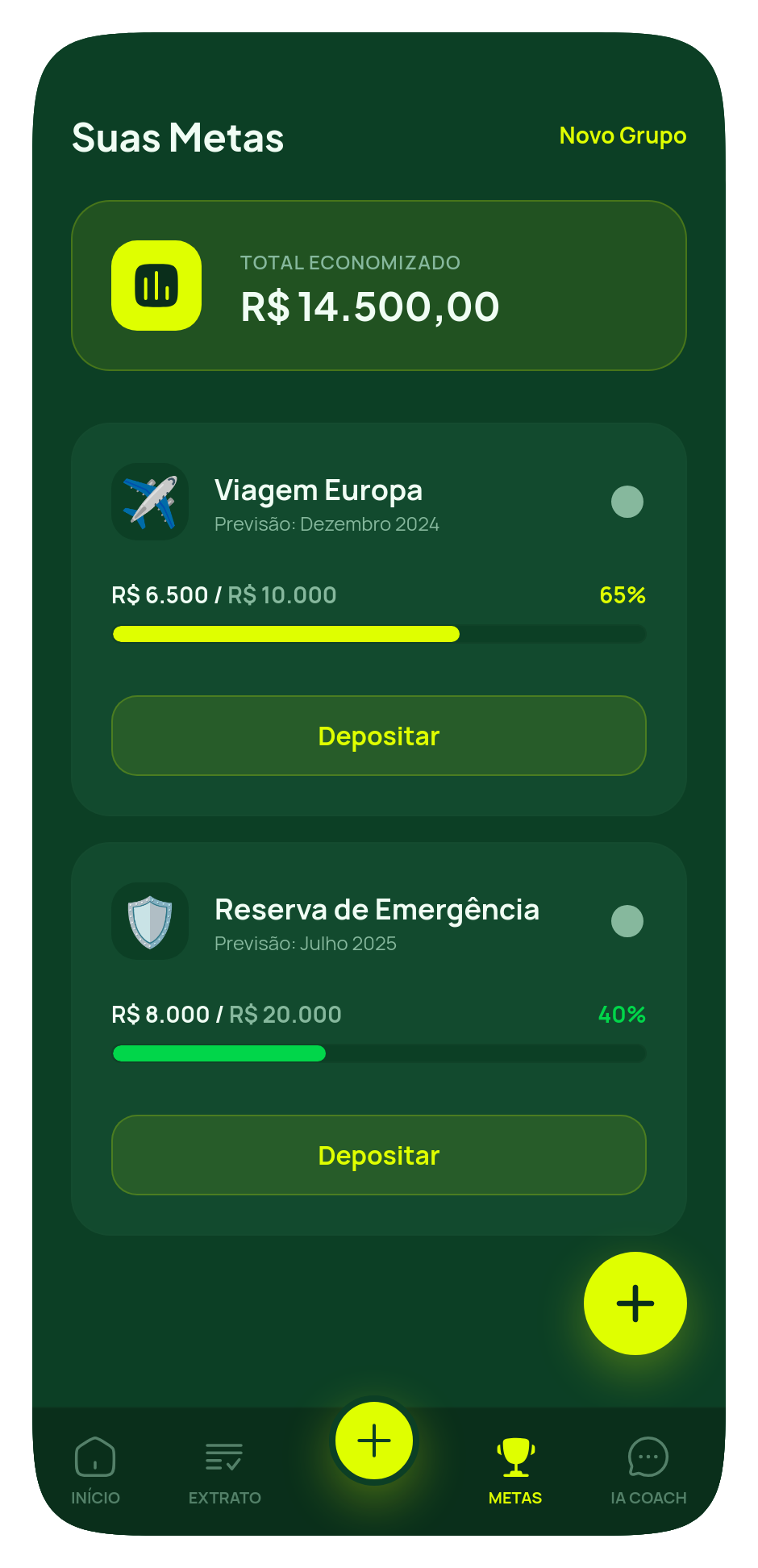 Tela de metas do Poupi