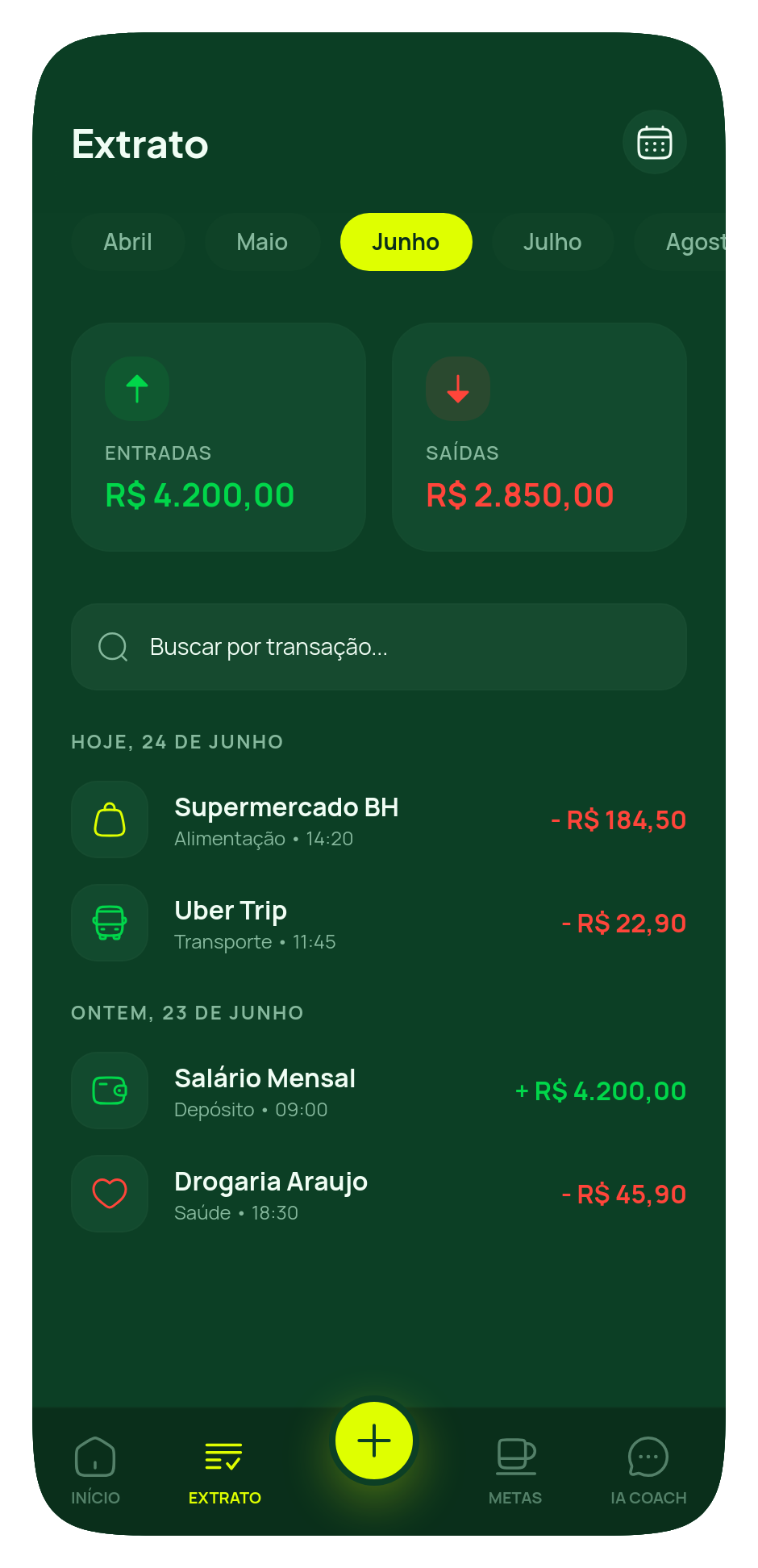 Tela de transacoes do Poupi